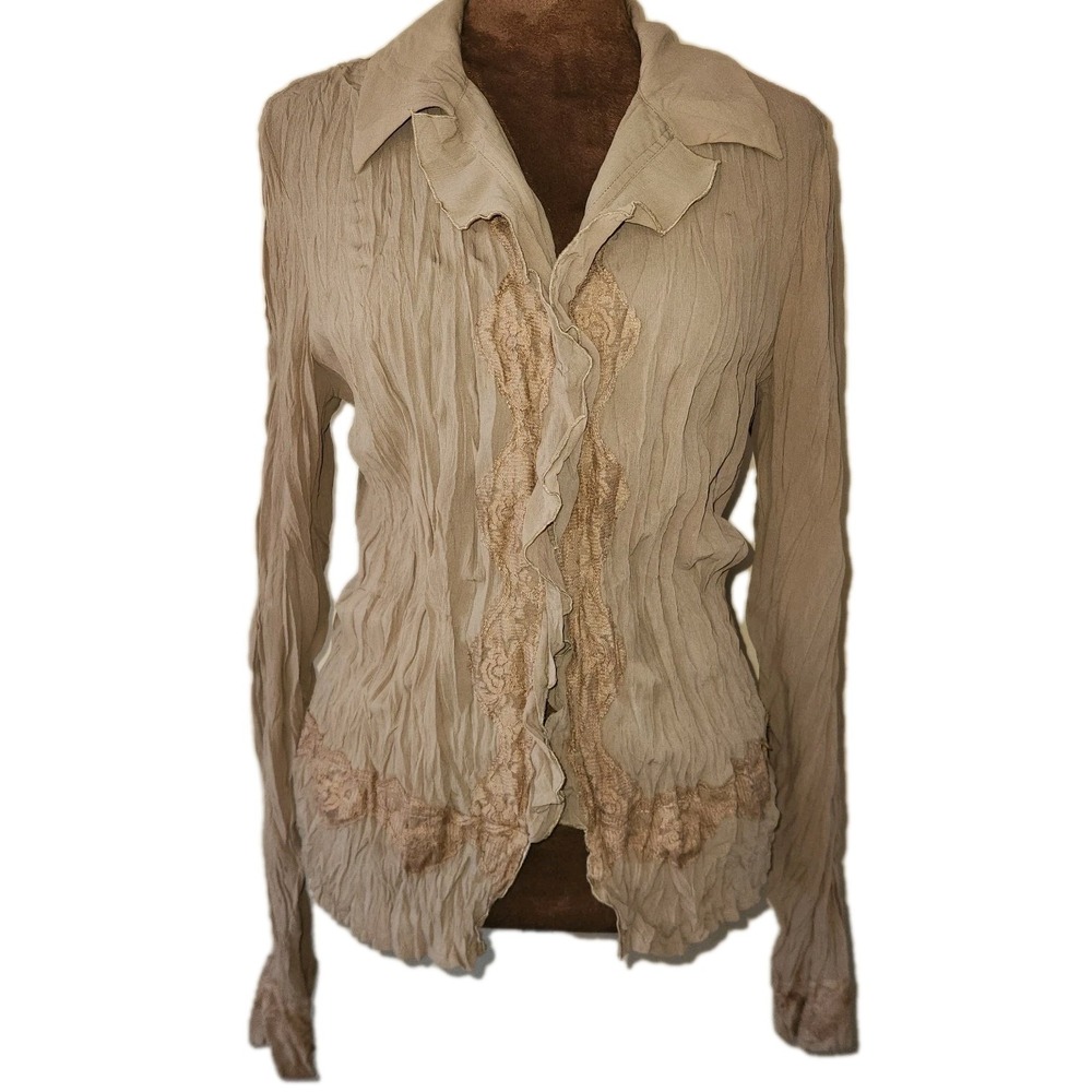 Vintage Y2K Crinkle Blouse Size 8 Medium Button Up Lace Trim Ruffle Tan Women's